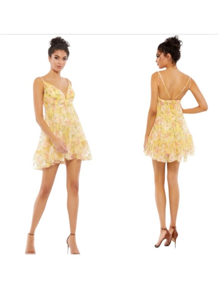 Mac Duggal Yellow Floral Empire Ruffled Mini Dress Size 12